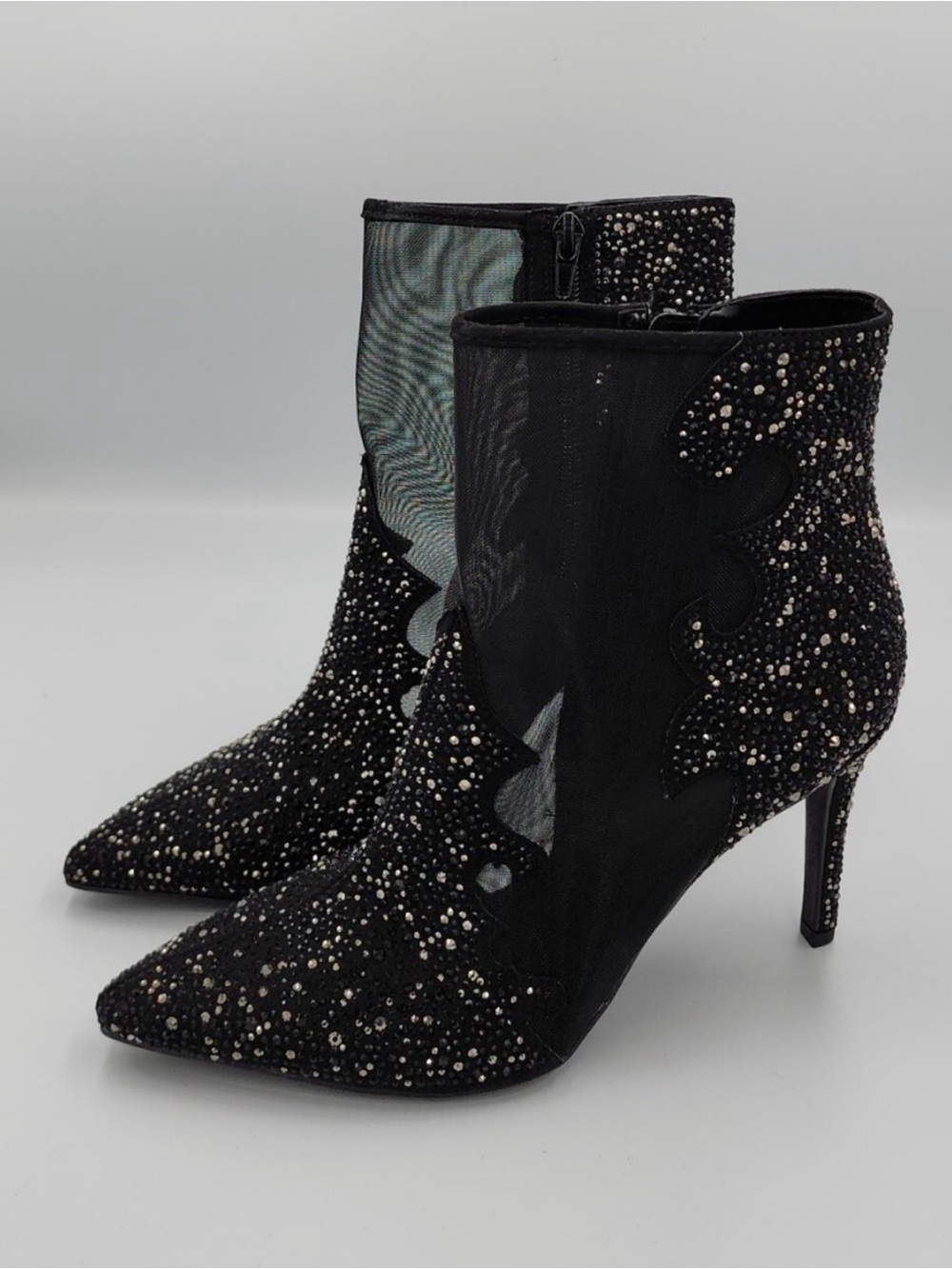 THALIA SODI Black Mesh & Crystal Embellished Ankle Booties